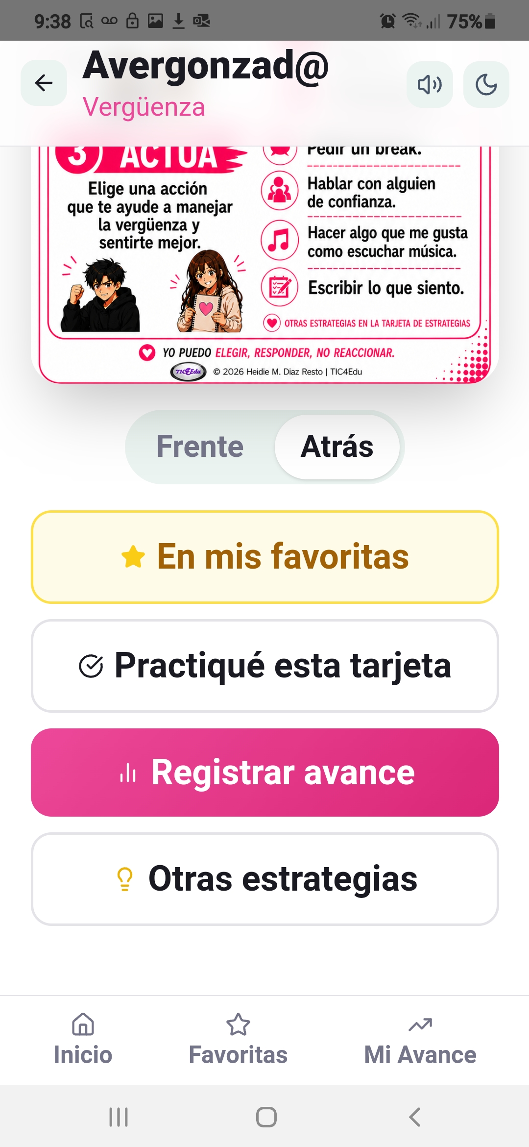 Opciones para registrar avance y guardar favoritos