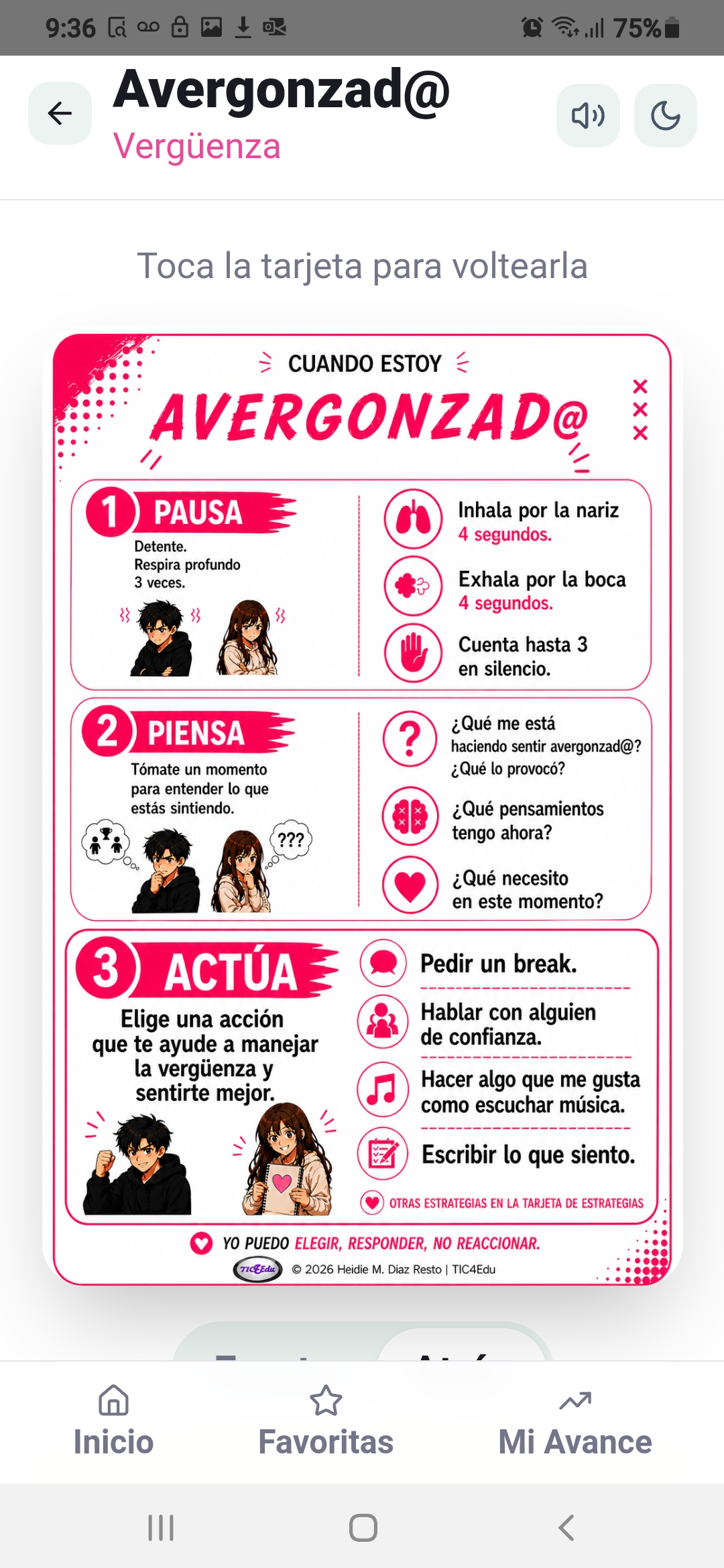 Reverso de una tarjeta emocional con estrategias