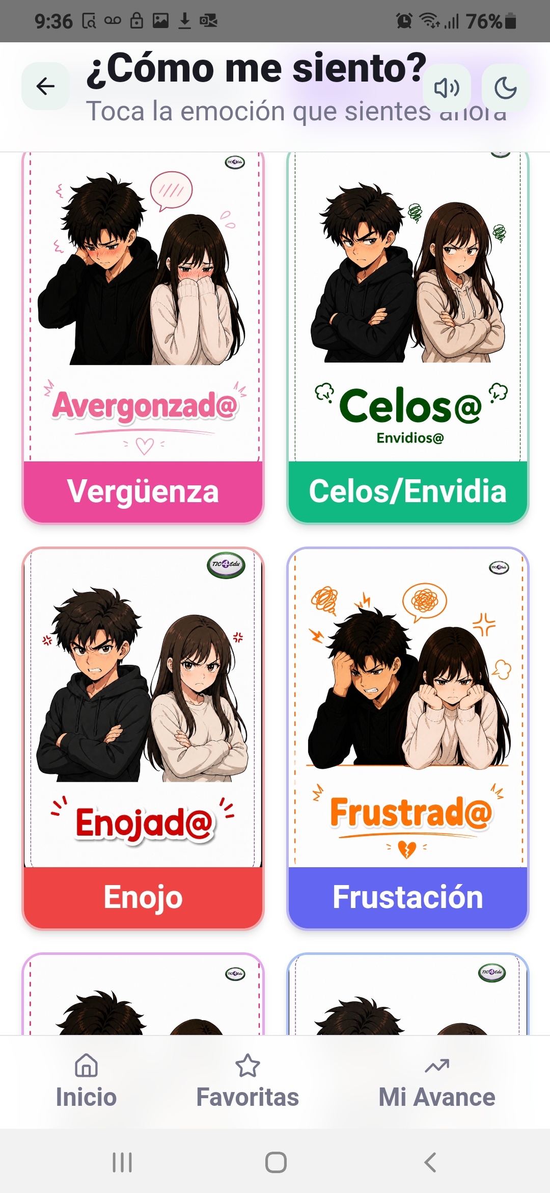 Pantalla para elegir tarjetas de emociones