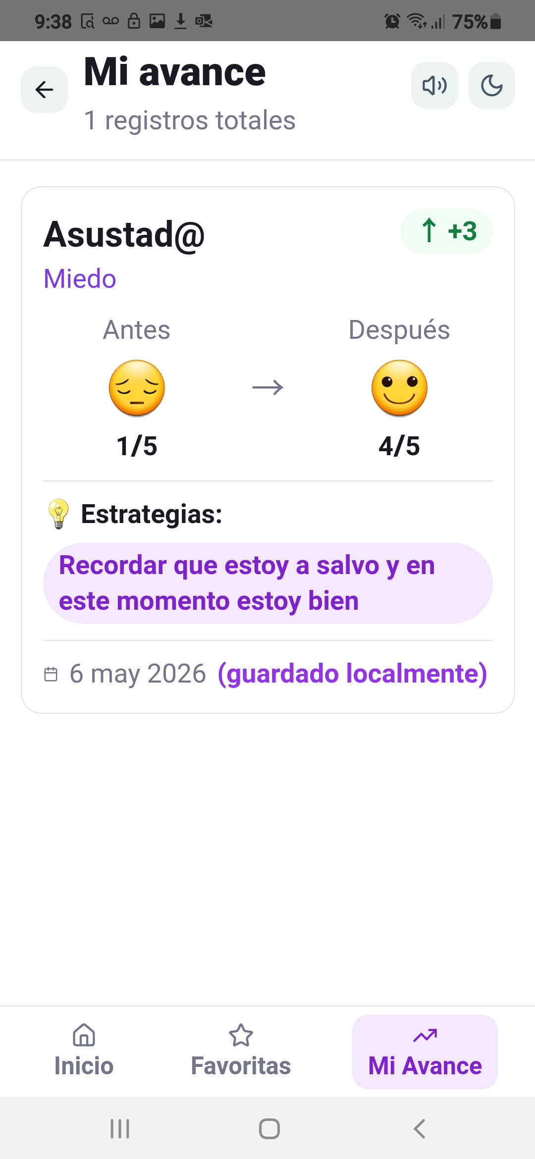 Pantalla de registro de avance emocional