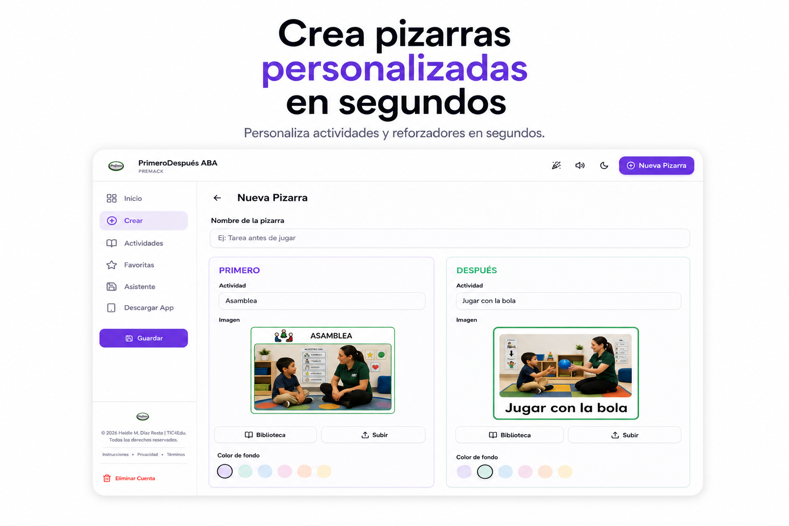 Pantalla para crear pizarras personalizadas